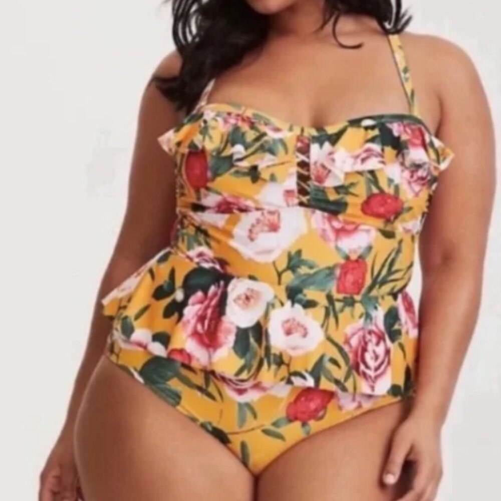 Torrid Golden Yellow Floral Ruffled Peplum Skirted Wireless Swimsuit 3X 22/24W
